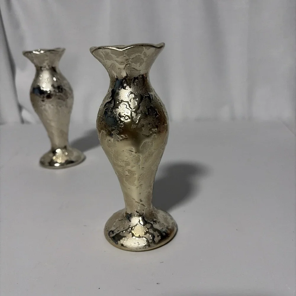 Two Vintage Weeping Gold Textured Bud Vases Mid Century Modern